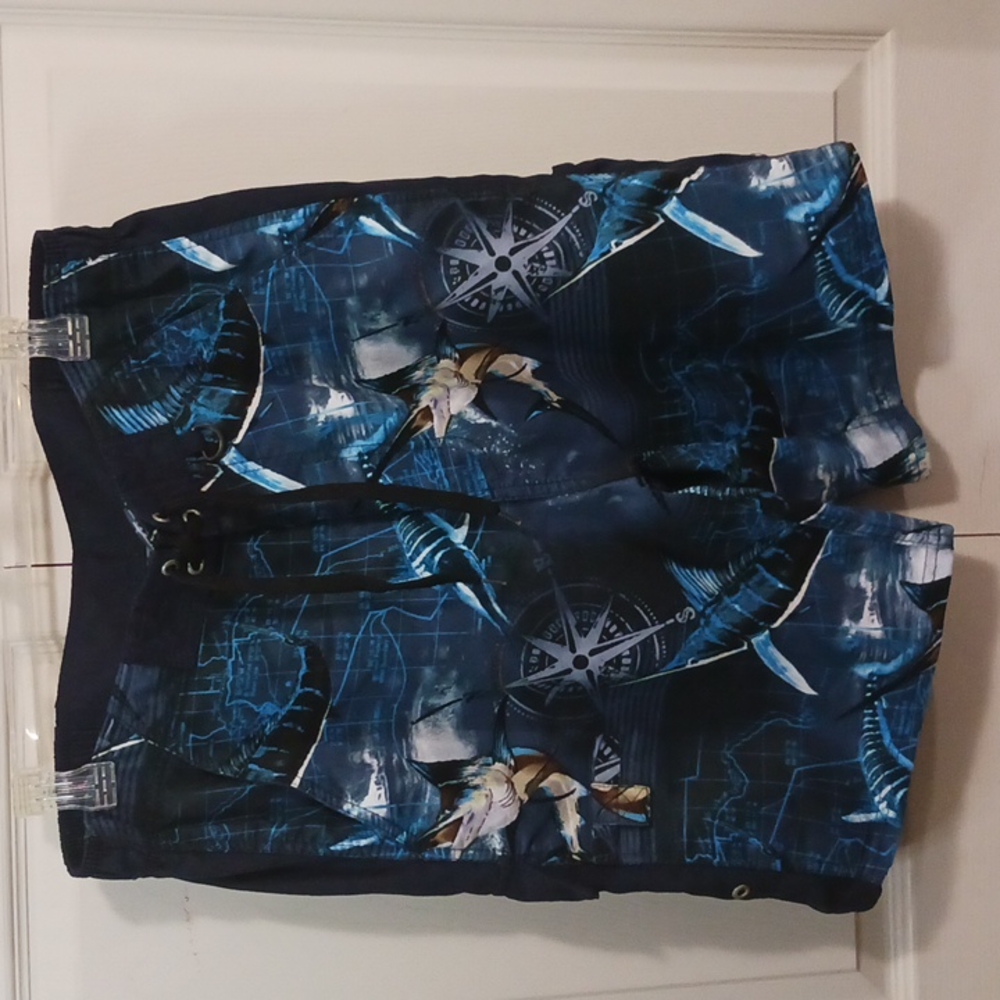 Reel Legends swim trunks - L navy blue w/ shark print
